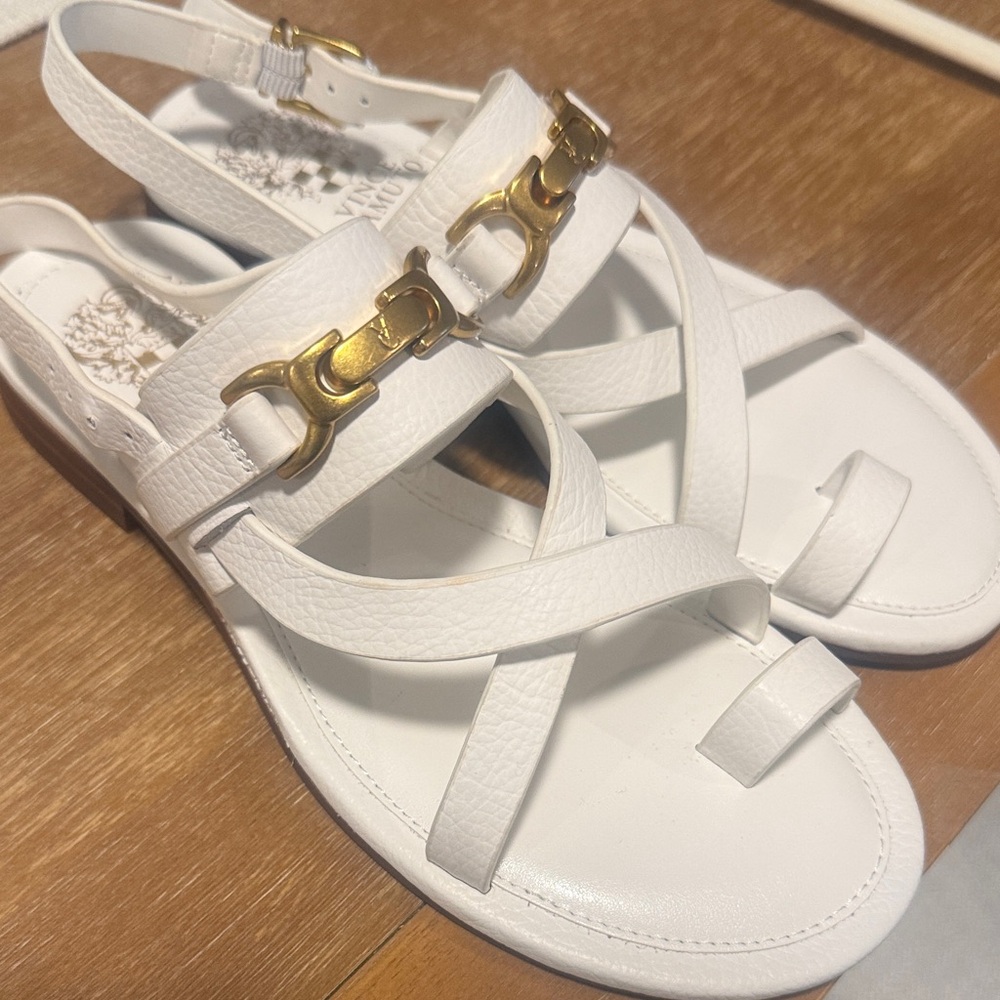 Vince Camuto White Leather Slingback Sandals with Gold Hardware